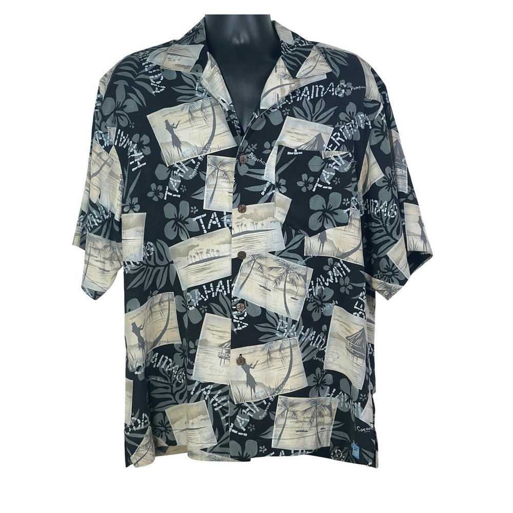 Bermuda Bay Mens Silk Camp Shirt Postcard Tropical Tahiti Bahamas Black Medium
